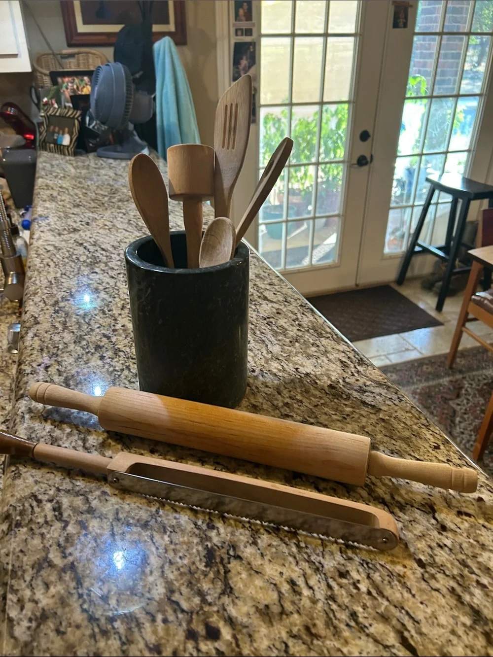 Wooden Kitchen 7 Piece Utensil Set with Black & Dark Green Marble Holder-Kitchen